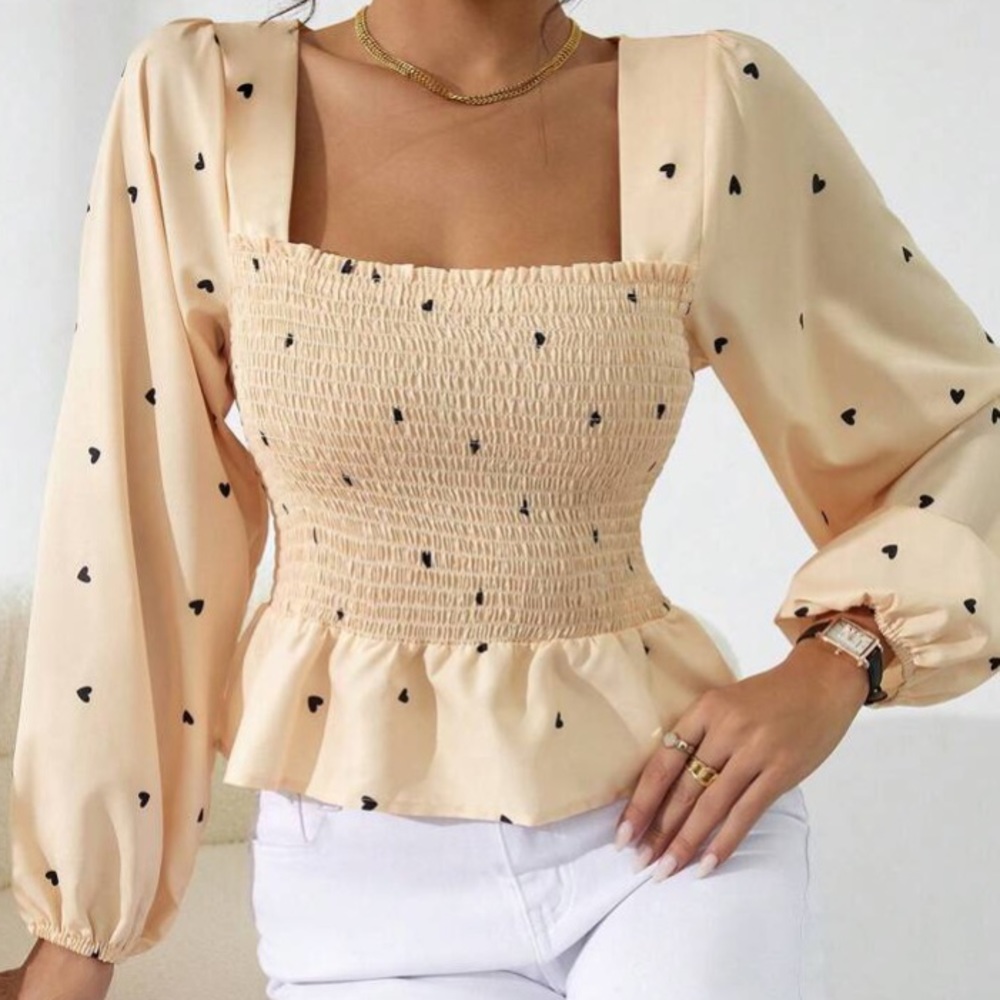 Apricot Beige Tiny Heart Print Elegant Blouse in M